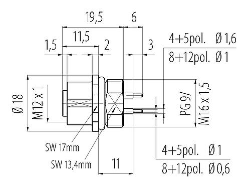 Disegno in scala M12 Connettore femmina a flangia, Numero poli: 12, non schermato, THT, IP68, UL 2238, M16x1,5, Montaggio anteriore