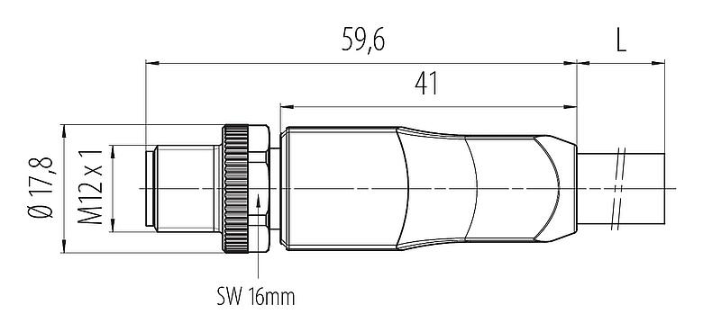 Dibujo a escala M12 Conector de cable macho, Número de contactos: 4+FE, sin blindaje, moldeado en el cable, IP68, UL 2238, M12x1,0, PUR, negro, 5 x 2,50 mm², 2 m
