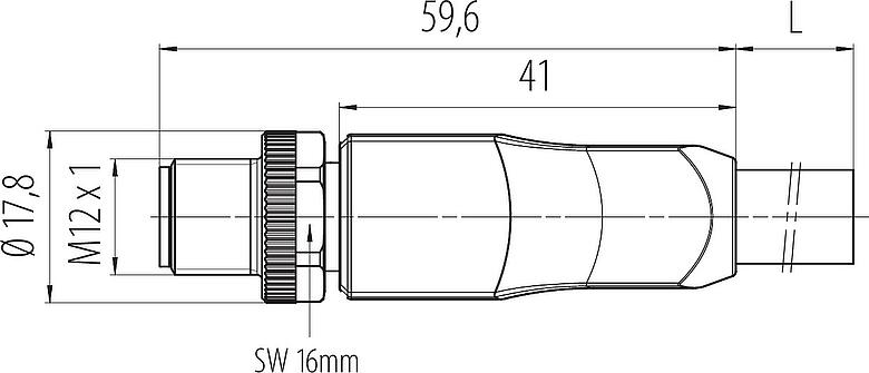 Méretarányos rajz M12 Kábelre szerelhető csatlakozó, : 4+FE, árnyékolatlan, kábelre öntött, IP68, UL 2238, M12x1,0, PUR, fekete, 5 x 2,50 mm², 2 m