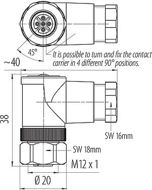 Skalritning M12 Vinkeluttag, antal poler: 5, 6,0-8,0 mm, oskärmad, skruvkläm, IP67, UL 2238