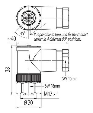 Scale drawing M12 Female angled connector, Contacts: 5, 6.0-8.0 mm, unshielded, screw clamp, IP67, UL 2238