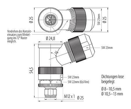 Maßzeichnung M12 Winkelstecker, Polzahl: 4, 8,0-13,0 mm, ungeschirmt, schraubklemm, IP67, UL 2238, M12x1,0, für die Spannungsversorgung (Power)