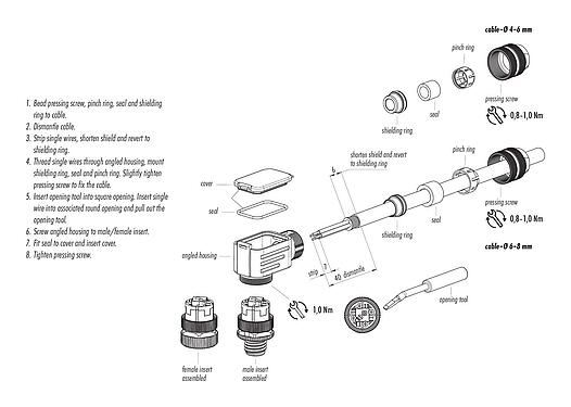 Istruzioni di montaggio M12 Connettore angolare maschio, Numero poli: 5, 4,0-6,0 mm, schermabile, molla di tensione a gabbia, IP67, con anello di schermatura