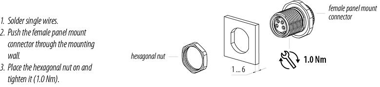 Hướng dẫn lắp ráp M8 Ổ cắm gắn bảng, Số lượng cực : 4, hàn, IP67/IP69K, M10x0,75, Chốt trung tâm, với cốc hàn