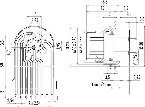 Connection & dimensions M16 Male panel mount connector, Contacts: 8 (08-a), unshielded, THT, IP40, M18x0,75, Rear mounting, potted
