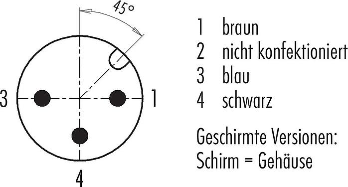 Polbild (Steckseite) M12 Kabelstecker, Polzahl: 3, geschirmt, am Kabel angespritzt, IP67, UL 2238, PUR, schwarz, 3 x 0,34 mm², 2 m