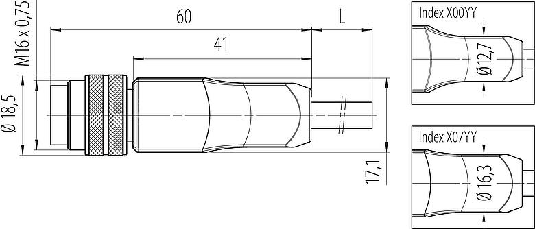 Dessin coté M16 Connecteur mâle, Contacts: 7 (07-a), blindé, surmoulé sur le câble, IP67, PUR, noir, 7 x 0,25 mm², 2 m