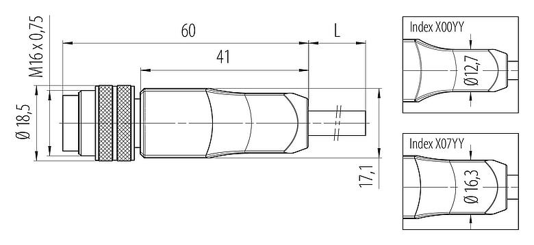 Scale drawing M16 Male cable connector, Contacts: 7 (07-a), shielded, moulded on the cable, IP67, PUR, black, 7 x 0.25 mm², 2 m