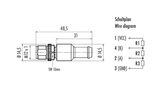 Schaaltekening M12 Afsluitweerstand male, aantal polen: 4, onafgeschermd, IP69K, Profibus, PUR