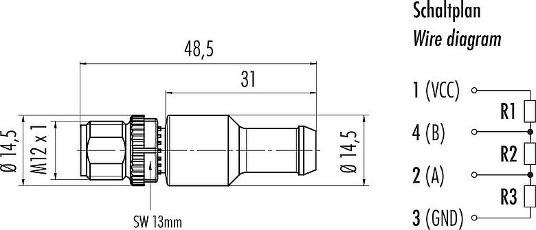 스케일 드로잉 M12 종단 플러그, 콘택트 렌즈: 4, 차폐되지 않음, IP69K, Profibus, PUR