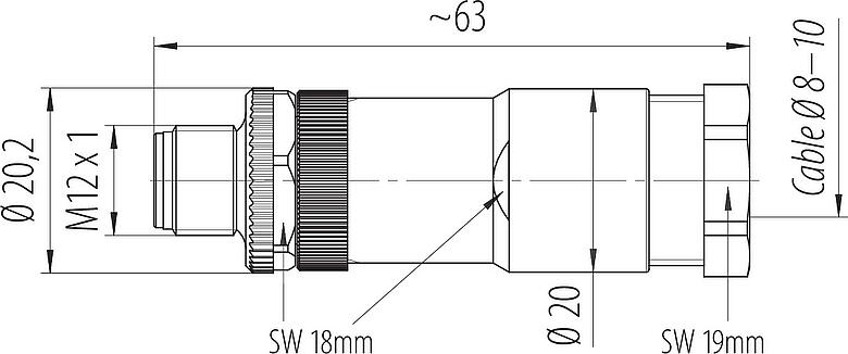 Dessin coté M12 Connecteur mâle, Contacts: 2+PE, 8,0-10,0 mm, non blindé, pince à visser, IP67, UL 2238