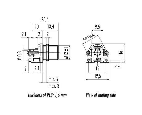 Dessin coté M12 Embase mâle, Contacts: 8, non blindé, THR, IP68, UL 2238, M12x1,0, Montage mural arrière, pour assemblage PCB