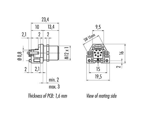 Schaaltekening 99 3481 200 08 - M12 Male panel mount connector, aantal polen: 8, onafgeschermd, THR, IP68, UL, voor PCB-montage