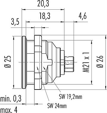 Dessin coté Push Pull Embase mâle, Contacts: 4, non blindé, souder, IP40, M21x1,0, Montage frontal