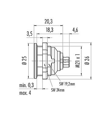 Maßzeichnung Push Pull Flanschstecker, Polzahl: 5, ungeschirmt, löten, IP67, M21x1,0, Frontmontage