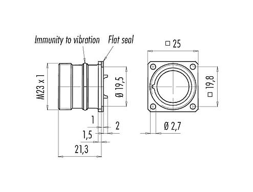 Scale drawing 99 4611 00 16 - M23 Square male panel mount connector, Contacts: 16, unshielded, solder, IP67, front fastened
