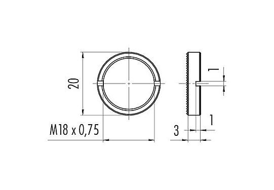 Desenho da escala 01 0010 001 - M16 IP67 - Porca de anel para rosca de montagem, com porca serrilhada; série 423/425/723