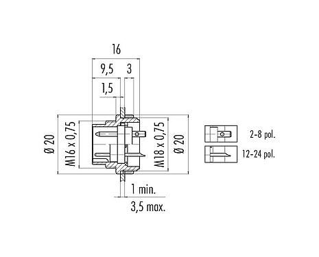 Scale drawing 09 0307 00 03 - M16 Male panel mount connector, Contacts: 3 (03-a), unshielded, solder, IP40