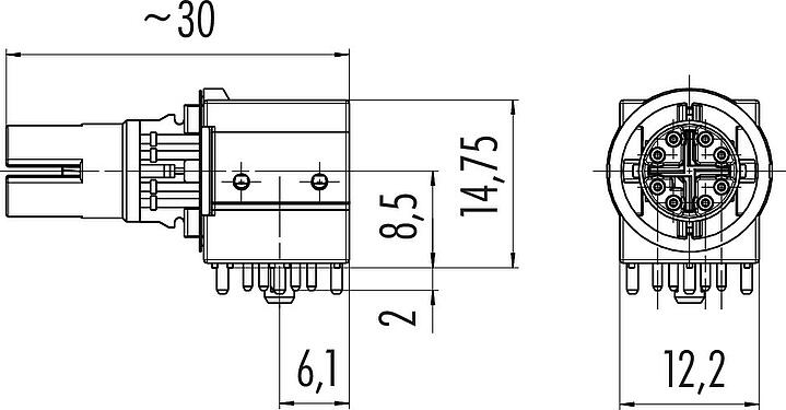 Scale drawing M12 Contact insert, Contacts: 8, shieldable, THT, IP67, UL