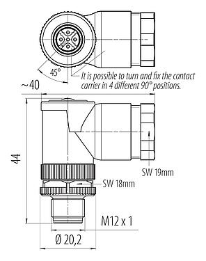 스케일 드로잉 99 0437 286 05 - M12 각진 플러그, 콘택트 렌즈: 5, 2x케이블Ø2mm, 1.0-3.0mm또는4.0-5.0mm, 차폐되지 않음, 나사 클램프, IP67, UL