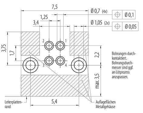 Leiterplattenlayout M5 Flanschstecker, gewinkelt, Polzahl: 4, schirmbar, löten, IP68, UL 2238, Rückwandmontage, vergossen