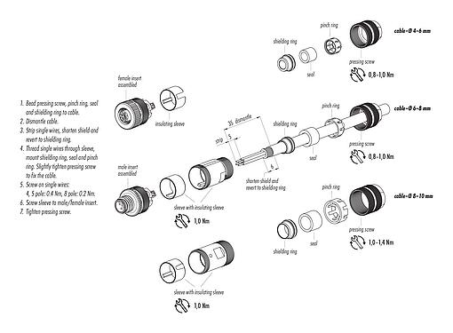 Assembly instructions M12 Male cable connector, Contacts: 5, 6.0-8.0 mm, shieldable, screw clamp, IP67, UL 2238, with shielding ring