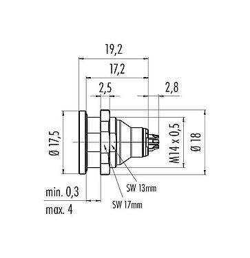 Maßzeichnung Push Pull Flanschstecker, Polzahl: 4, schirmbar, löten, IP67, M14x0,5, Frontmontage