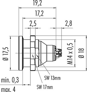 Dessin coté Push Pull Embase mâle, Contacts: 8, non blindé, souder, IP40, M14x0,5, Montage frontal