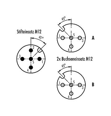 Polbild (Steckseite) 79 5207 00 05 - M12 Zweifachverteiler, Y-Verteiler, Stecker M12x1 - 2 Dosen M12x1, Polzahl: 5/4, ungeschirmt, steckbar, IP68, UL