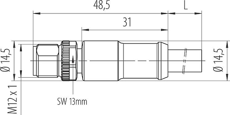 Maßzeichnung M12 Kabelstecker, Polzahl: 4, ungeschirmt, am Kabel angespritzt, IP68, UL 2238, PUR, schwarz, 4 x 1,50 mm², 5 m