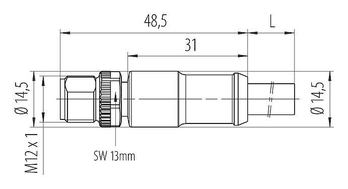 Bản vẽ tỷ lệ M12 Phích cắm cáp, Số lượng cực : 4, không có chống nhiễu, ép phun vào dây cáp, IP68, UL 2238, PUR, màu đen, 4x1,50mm², 2m