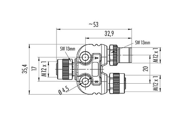 Dibujo a escala 79 5238 00 04 - M12/M12,M12 Distribuidor doble, distribuidor de Y, macho - 2 tomas, Número de contactos: 4, sin blindaje, enchufable, IP68, UL 2238