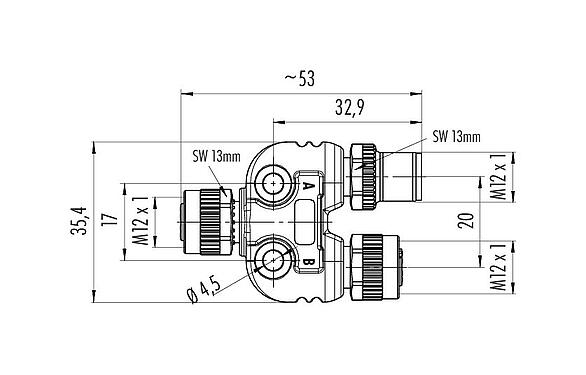 Scale drawing 79 5238 00 04 - M12 Twin distributor, Y-distributor, male M12x1 - 2 female M12x1, Contacts: 4, unshielded, pluggable, IP68, UL