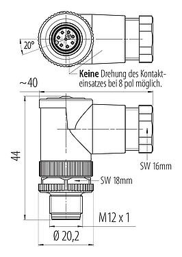 Maßzeichnung M12 Winkelstecker, Polzahl: 8, 6,0-8,0 mm, ungeschirmt, schraubklemm, IP67, UL 2238