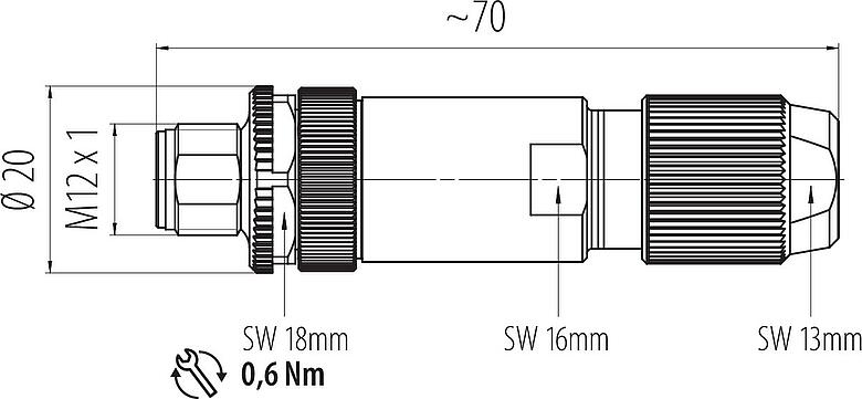Maßzeichnung M12 Kabelstecker, Polzahl: 4, 5,0-8,0 mm, schirmbar, crimpen (Crimpkontakte müssen separat bestellt werden), IP67, UL 2238