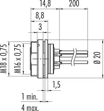 縮尺図 M16 メスパネルマウントコネクタ, 極数: 4 (04-a), 非シールド, 単線, IP40, M18x0,75, 背面パネルマウント
