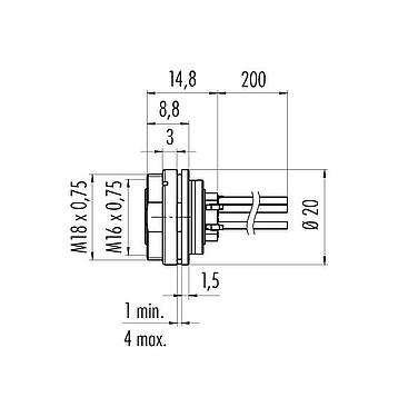 Scale drawing M16 Female panel mount connector, Contacts: 4 (04-a), unshielded, single wires, IP40, M18x0,75, Rear mounting