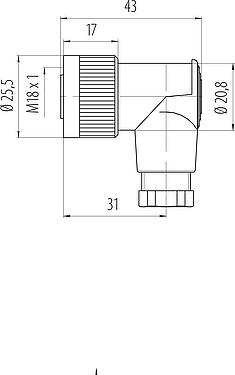 比例图 M18 弯角孔头电缆连接器, 极数: 4, 6.5-8.0mm, 非屏蔽, 螺钉接线, IP67