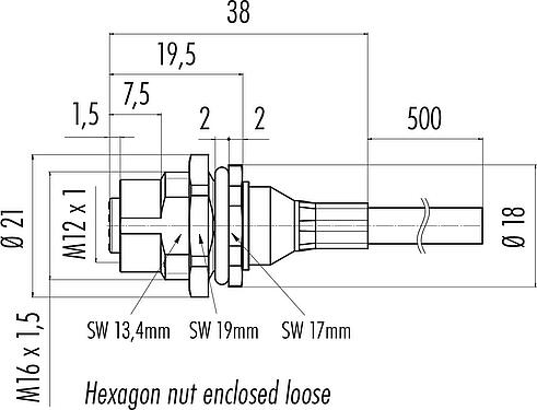 Scale drawing M12 Female panel mount connector, Contacts: 8, shielded, with cable assembled, IP68, M16x1.5, PUR, black, 8 x 0.25 mm², Rear mounting, 0.5 m