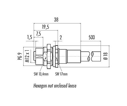 Dessin coté 70 3442 287 05 - M12 Embase femelle, Contacts: 5, blindé, assemblés avec câble, IP68, PG 9, PUR, 5 x 0,25 mm², Montage mural arrière, 0,5 m