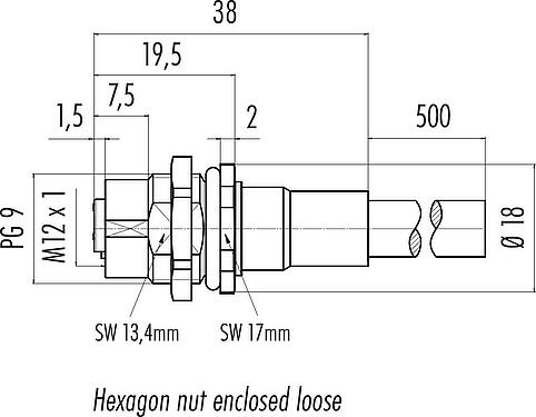 Dessin coté M12 Embase femelle, Contacts: 8, blindé, assemblés avec câble, IP68, PG 9, PUR, 8 x 0,25 mm², Montage mural arrière, 0,5 m