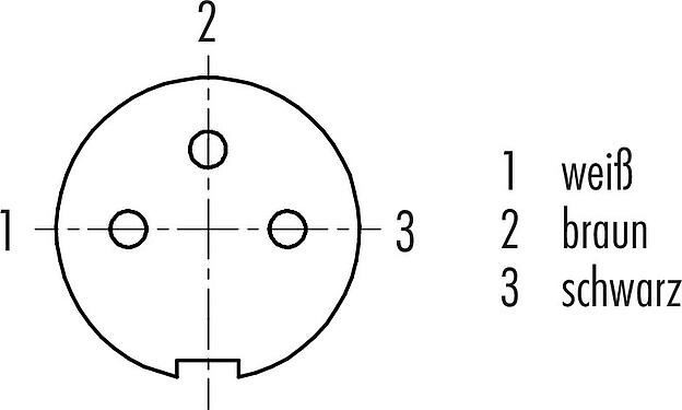 Polbild (Steckseite) M9 Kabeldose, Polzahl: 3, ungeschirmt, am Kabel angespritzt, IP67, PUR, schwarz, 3 x 0,25 mm², 5 m