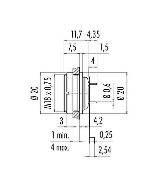 Dessin coté M16 Embase femelle, Contacts: 12 (12-a), non blindé, THT, IP67, M18x0,75, Montage mural arrière