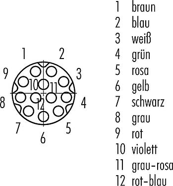 Polbild (Steckseite) M8 Kabeldose, Polzahl: 12, ungeschirmt, am Kabel angespritzt, IP67/IP69K, UL 2238, PUR, schwarz, 12 x 0,09 mm², 2 m