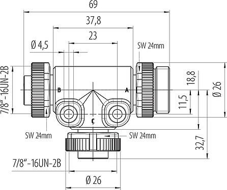 Bản vẽ tỷ lệ 7/8" Bộ chia đôi, Số lượng cực : 4, không có chống nhiễu, IP68