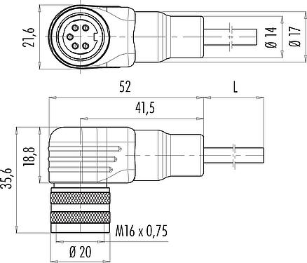 Scale drawing M16 Female angled connector, Contacts: 5 (05-a), unshielded, moulded on the cable, IP67, PUR, black, 5 x 0.25 mm², 2 m
