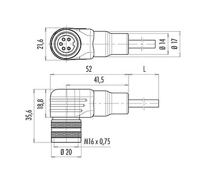 Mittakaavapiirustus M16 Kulmarasia, Napojen määrä: 12 (12-a), suojaamaton, suihkutettu kaapelille, IP67, PUR, musta, 12 x 0,25 mm², 2 m