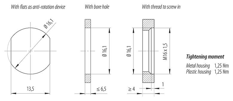 Instructions de montage / Découpe du panneau 76 0646 1136 00035-0200 - M12 Embase femelle, Contacts: 5, non blindé, fils, IP68, UL 2238, M16x1,5, Montage mural arrière, vissable par l'avant