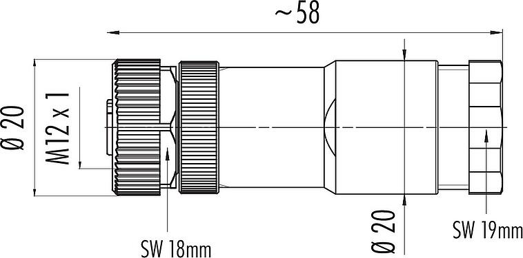 Scale drawing M12 Female cable duo connector, Contacts: 5, 2.1-3.0 mm (2 cable) or 4-5 mm (2 cable), unshielded, screw clamp, IP67, UL 2238