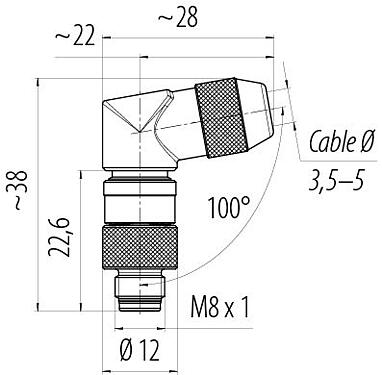 Schaaltekening M8 Male haakse connector, aantal polen: 3, 3,5-5,0 mm, schermbaar, soldeer, IP67, UL 2238